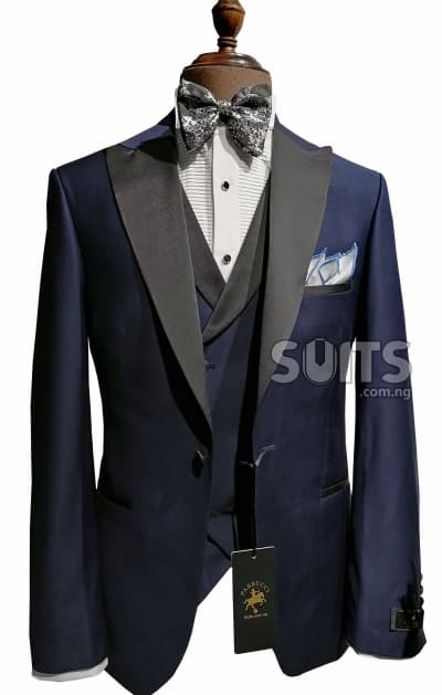 Plain Navyblue 3piece Tux with Black satin peaked Lapel by Pabbucci