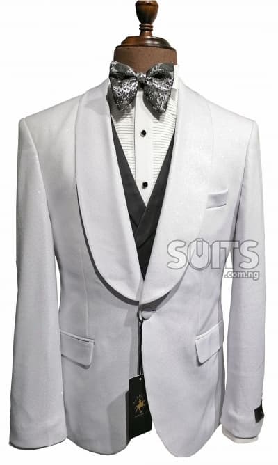 Immaculate White Tux with shinny glits, black waistcoat & trouser by Pabbucci