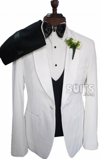White Tux with satin lapel, black waistcoat & trouser